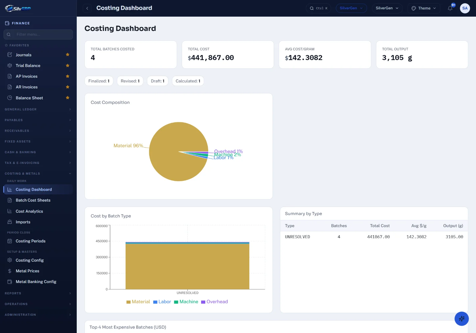 SilvERP Finance screen