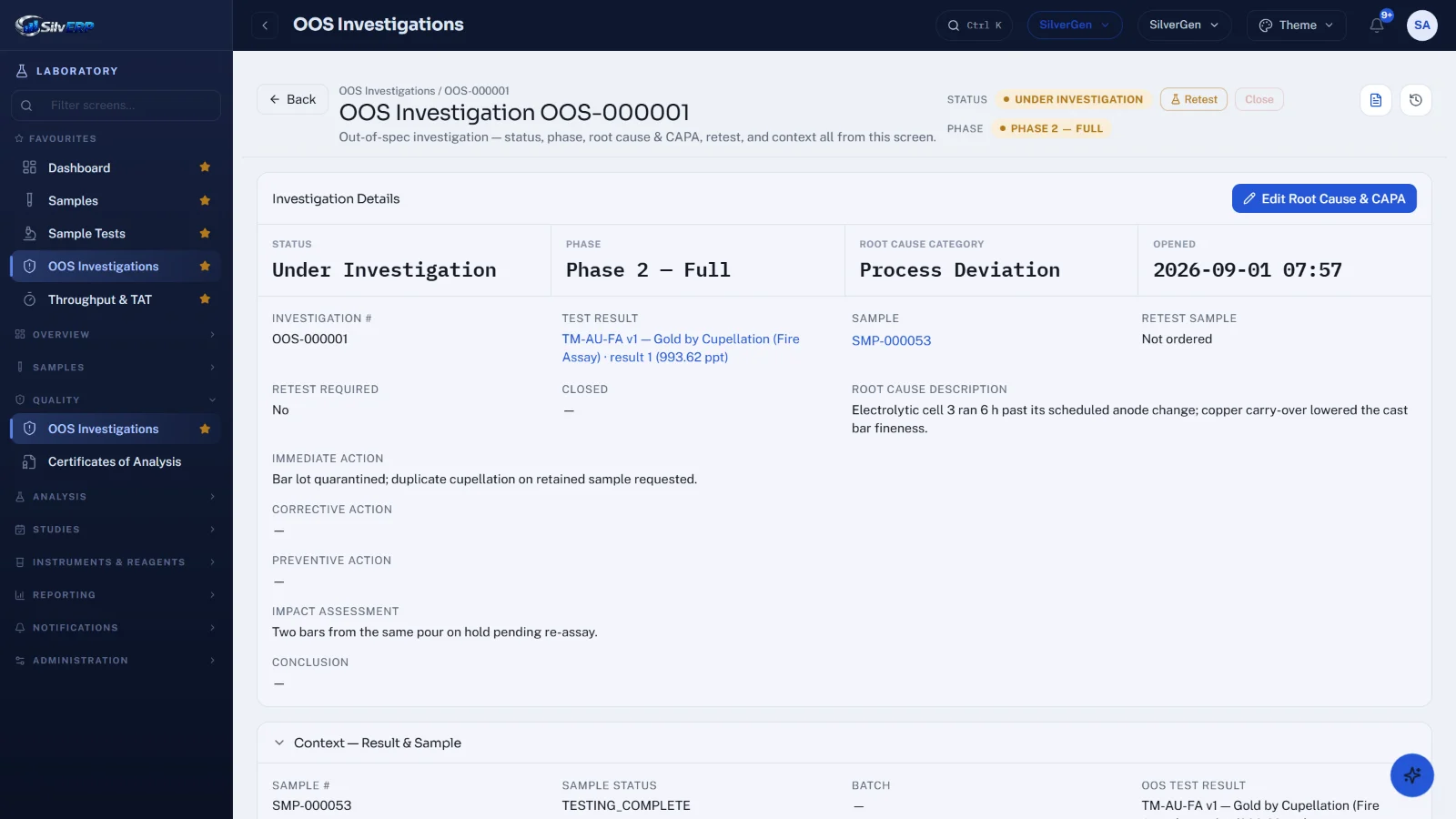 Out-of-spec investigation with root cause and actions