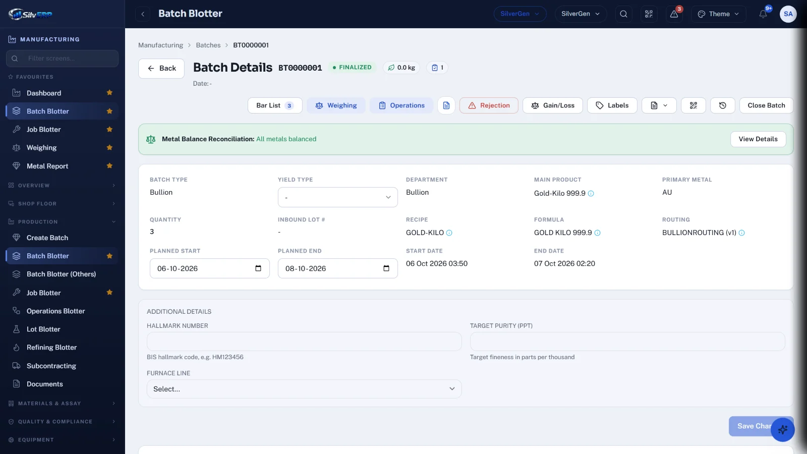 Batch record — recipe, ingredients issued, serials and weighing