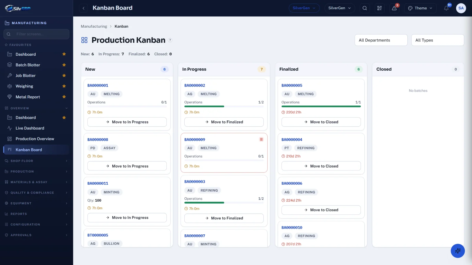 Production kanban — every batch on the board