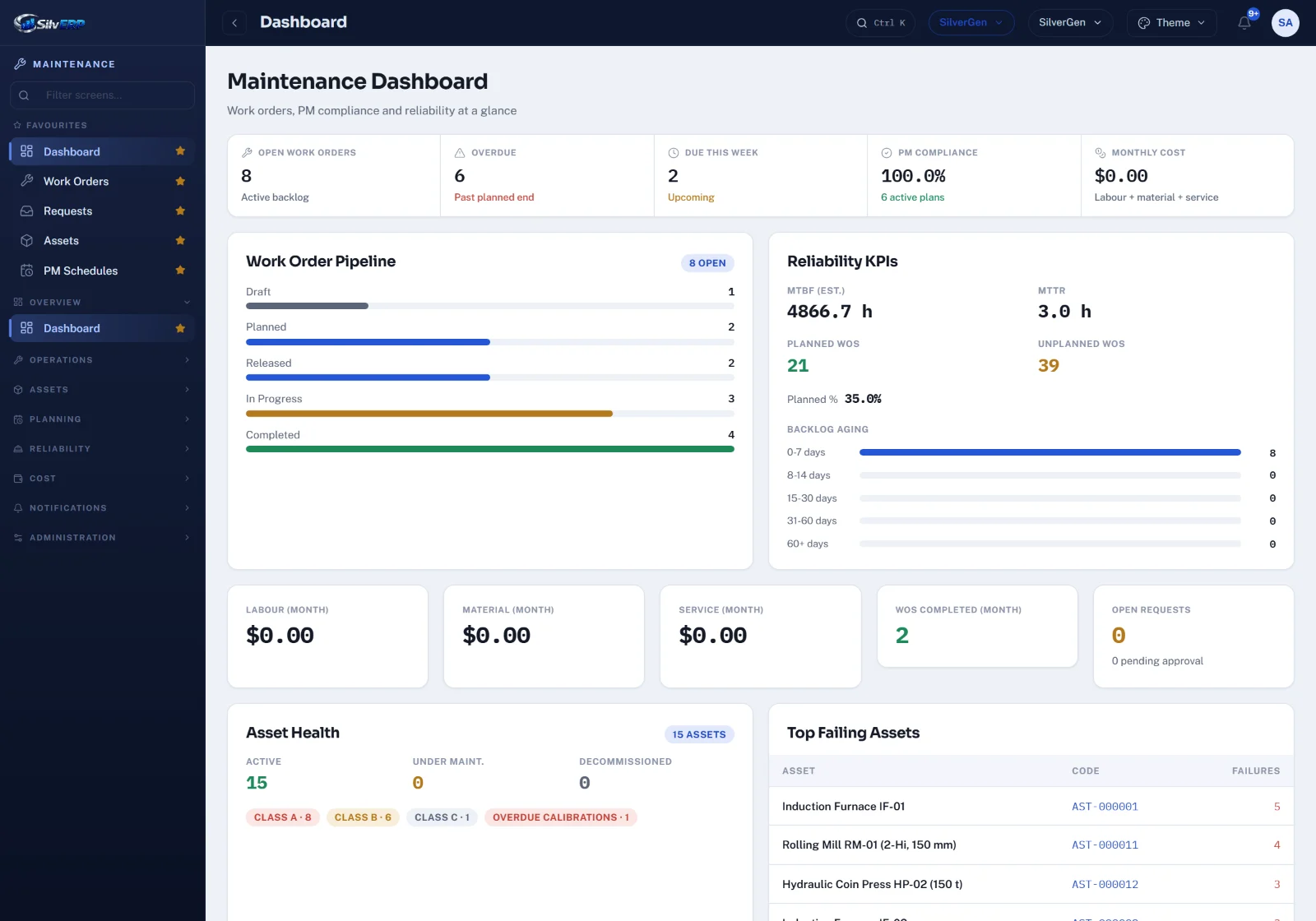 SilvERP Maintenance screen