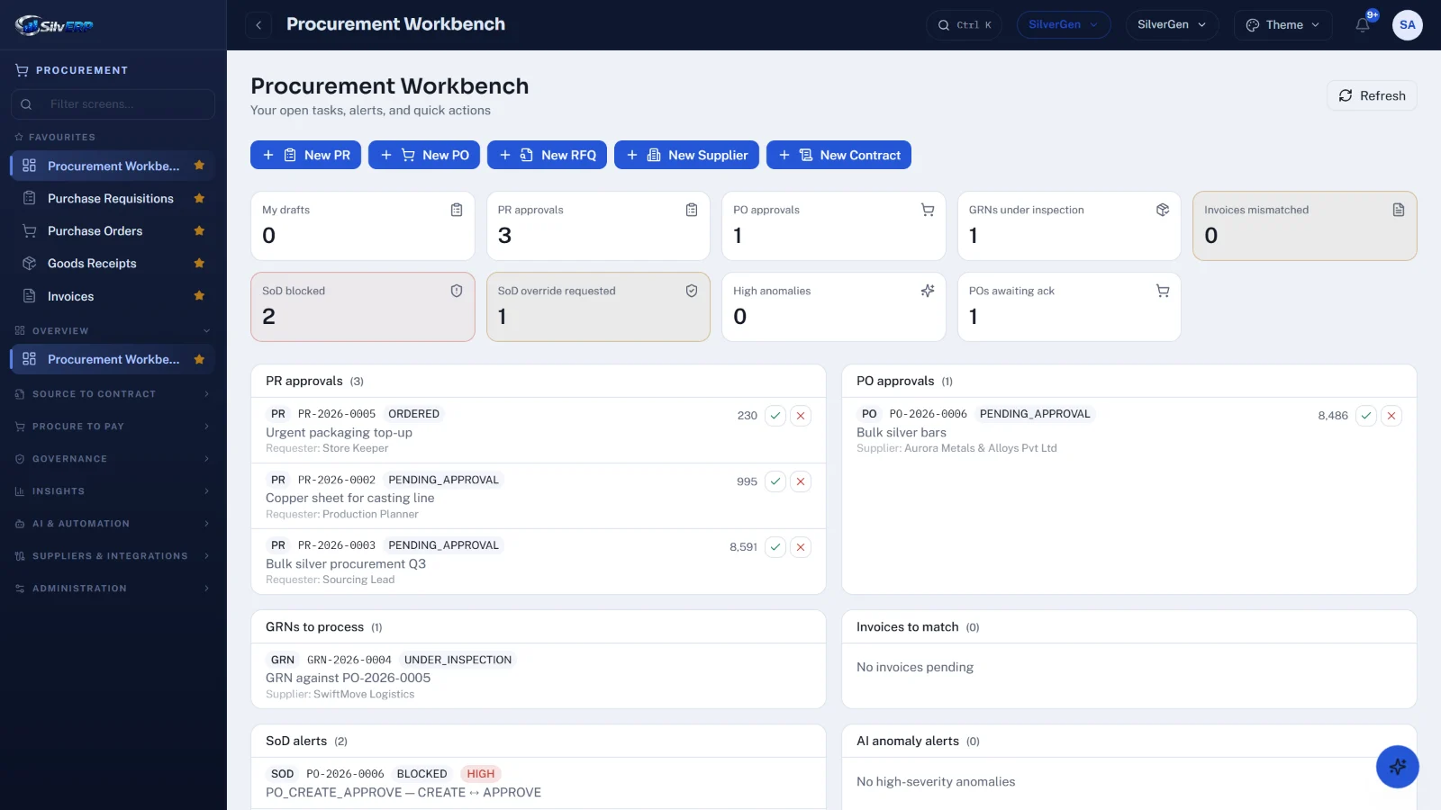 SilvERP Purchasing screen