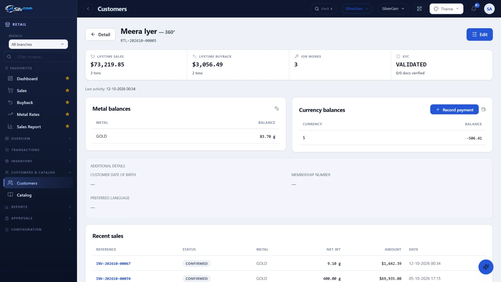 Customer 360 — sales, buybacks, KYC and balances in one view
