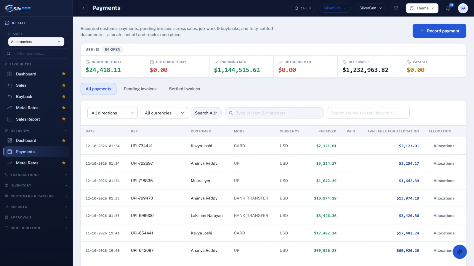 Payments allocated to invoices