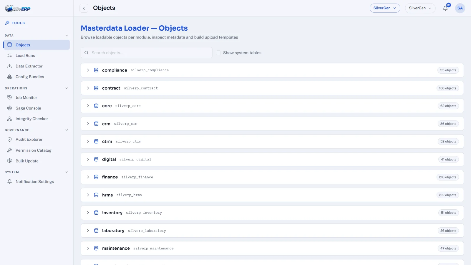 SilvERP Tools screen